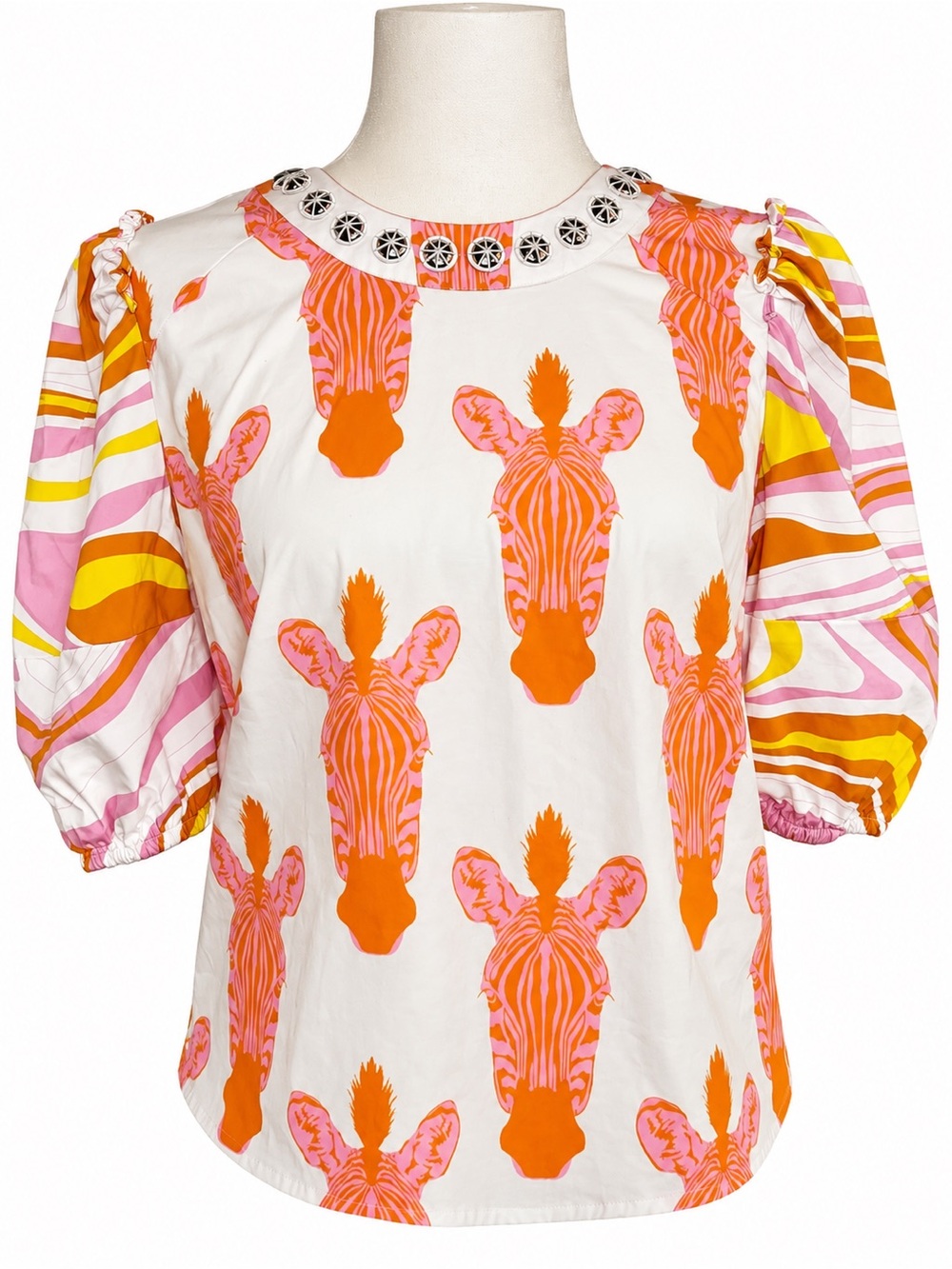 Sheridan French Zebra Print Embellished Puff Sleeve Blouse S